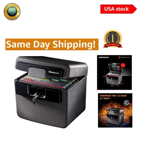 Compact Black Fireproof & Waterproof Safe with Key Lock for Secure Documents