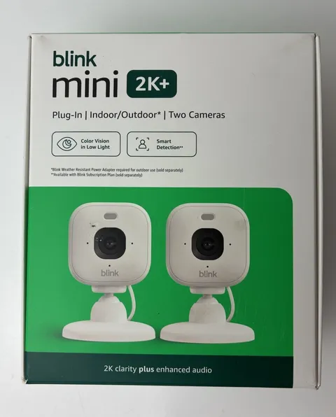 Blink Mini 2K+ 2-Pack Plug-In Indoor Outdoor Wi-Fi Cameras, Two-Way, White