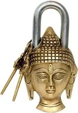 Lord Buddha Handmade Brass Finish Brass Padlock with Keys Rare Padlock, Golden