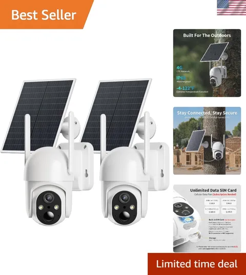2 Pack 4G LTE Cellular Security Cameras, Solar Powered Outdoor Camera No WiFi...