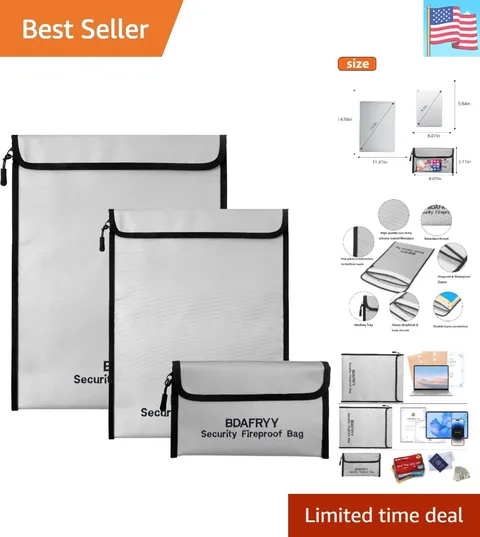 3 Pcs Fireproof Waterproof Money Important Document Bag2000℉,Fire Proof Bag f...