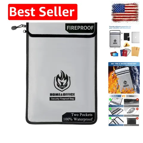 Upgraded Two Pockets Fireproof Document Bag 2000℉, 15”x 11”Waterproof Firepro...