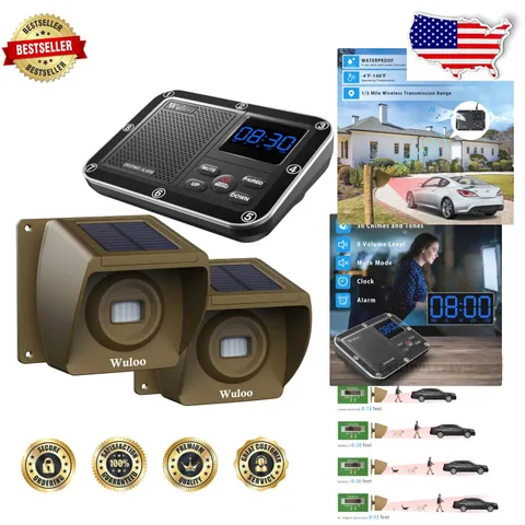 Wireless Driveway Alarm 1800ft Solar Motion Sensor, Weatherproof, Rechargeabl...