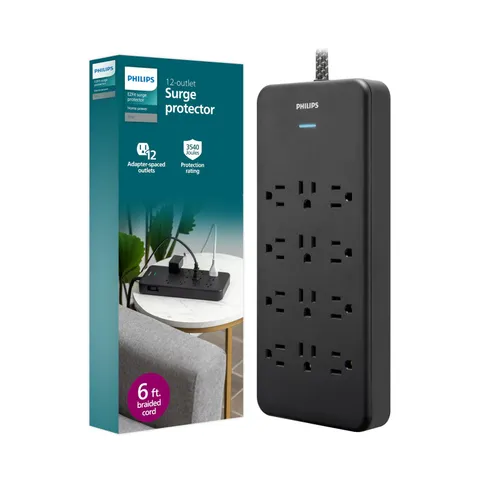 Philips 12-Outlet Surge Protector Power Strip, 6ft Braided Extensio... Fast Ship