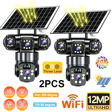 3 Lens 12MP Solar Battery Home Security Camera Outdoor Wifi Wireless PTZ CCTV US