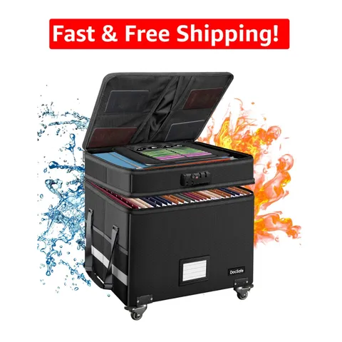 Rolling Fireproof File Box - Large 46L, Waterproof with Lock for Secure Filing