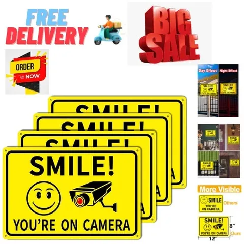 4-Pack Smile Youre On Camera Signs 8x12 Rust Free Aluminum Video Surveillance