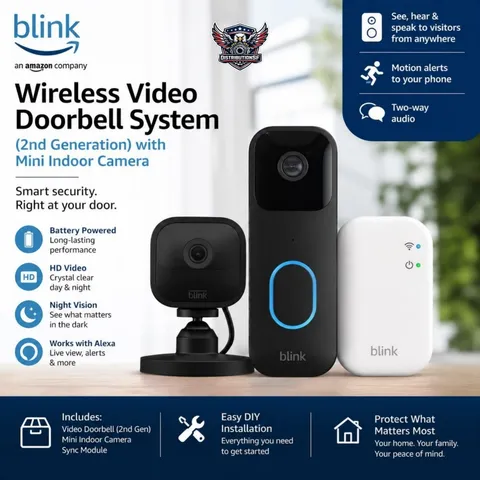 Blink Wireless Video Doorbell 2nd Gen + Mini Indoor Camera Smart Home Bundle