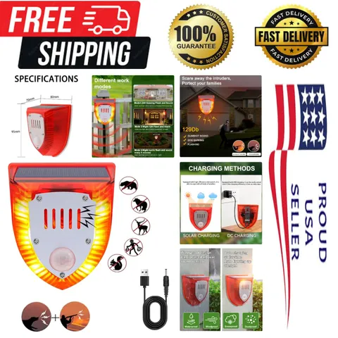 Rechargeable Solar Outdoor Motion Detector: 129db Alarm & Strobe Light Included