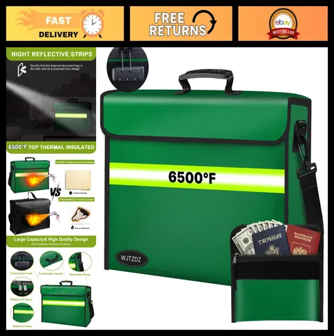 Fireproof Document Bag 6500°F with Lock, Waterproof Zipper & Insulation - 14.2"x