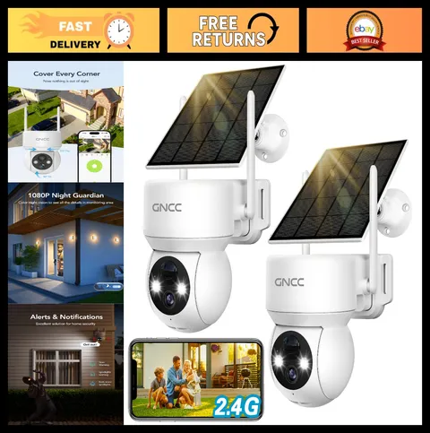 2-Pack Solar Security Cameras, 2.4G WiFi, Color Night Vision, Motion Detection