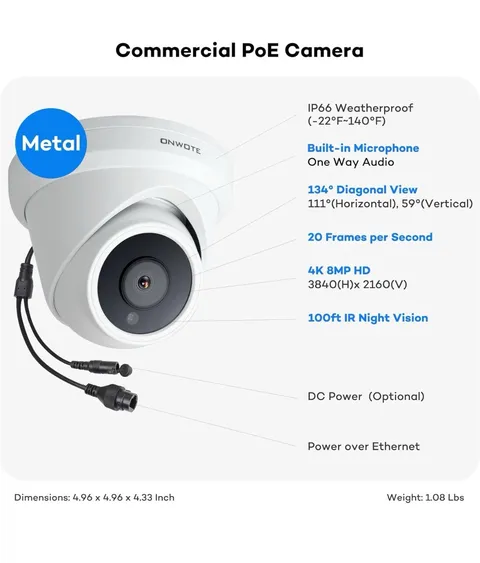 4K 8MP Poe IP Security Camera, AI Human Vehicle Detection, 3840X2160 8 Megapixel