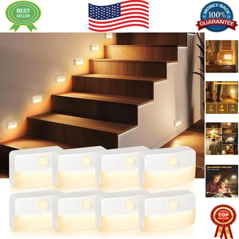 8-Pack Motion Sensor Stair Lights - Warm White LED Night Lamps for Safety