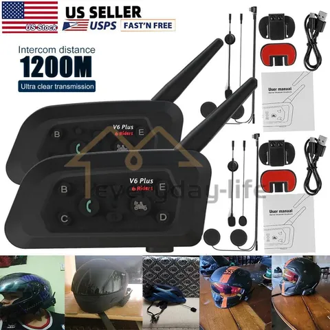 2x V6 Pro Motorcycle Helmet Intercom Bluetooth Headset 6 Riders 1500m Interphone