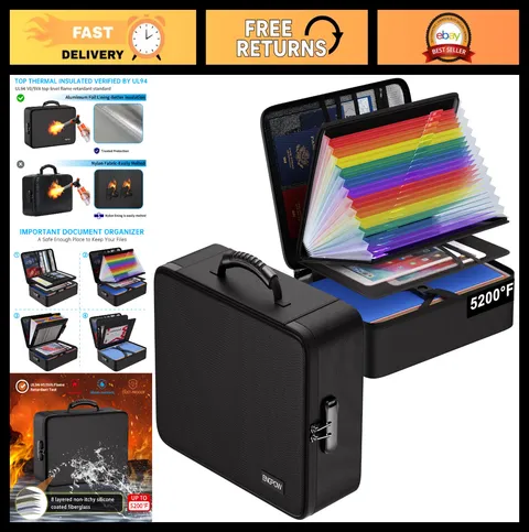 Fireproof Document Box with Lock & Accordion File Folder - Water Resistant Safe