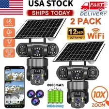 2x 3 Lens 12MP Solar Battery Home Security Camera Outdoor Wifi Wireless PTZ CCTV