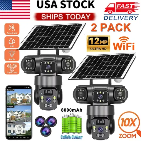 2x 3 Lens 12MP Solar Battery Home Security Camera Outdoor Wifi Wireless PTZ CCTV
