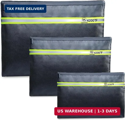 Fireproof Document Bag - 3 Pack (15" x 11", 13" x 9.7", 10.5" x 8") Fireproof &
