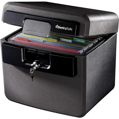 Compact Black Fire & Water Resistant Safe - Key Lock for Secure Document Storage