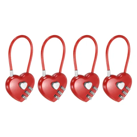 Combination Padlock (4.3 Inch, Red)(4 Pcs), 3-Digit Heart Shaped Combo Padlock