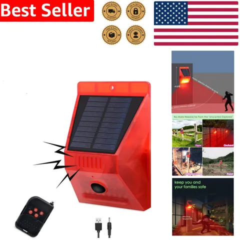 Bright Solar Motion Sensor Alarm 129dB Siren Strobe Light Remote USB Backup