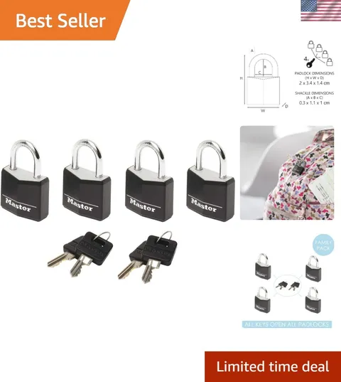 Small Padlocks [Key] [Keyed Alike] [Black] [Family Pack of 4] 9120EURQBLKNOP ...