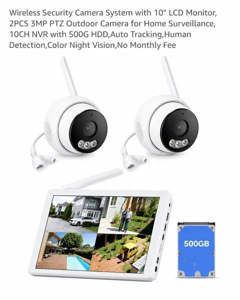 （8KP)VORGUT Wireless Security Camera System 10” LCD 2CAMS x 3MP PTZ NVR 500G HDD