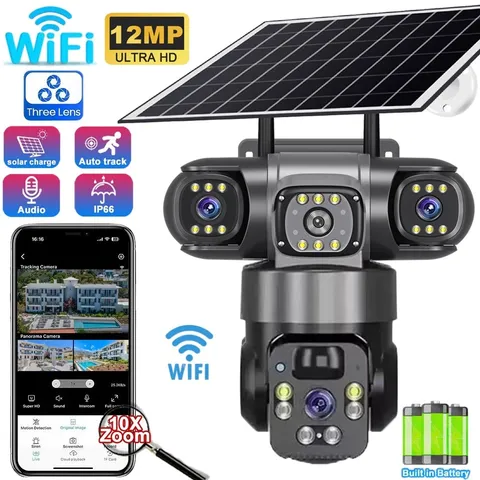 3 Lens 12MP HD Solar Battery Wireless WiFi Outdoor PTZ Home Security Camera CCTV