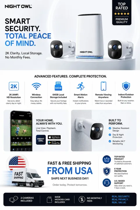 Night Owl 2K WiFi Security System 2 Outdoor Cameras 64GB Storage Alexa Ready