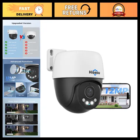 12MP PoE PTZ Security Camera, 360° Panoramic View, Night Vision, Motion Detectio