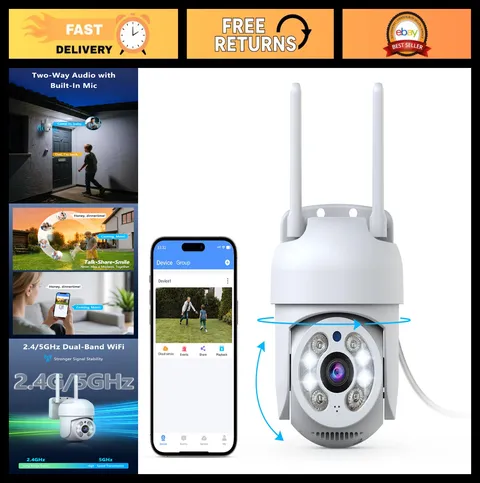 Outdoor WiFi Security Camera 3MP PTZ Pan Tilt, Dual-Band WiFi, Color Night Visio