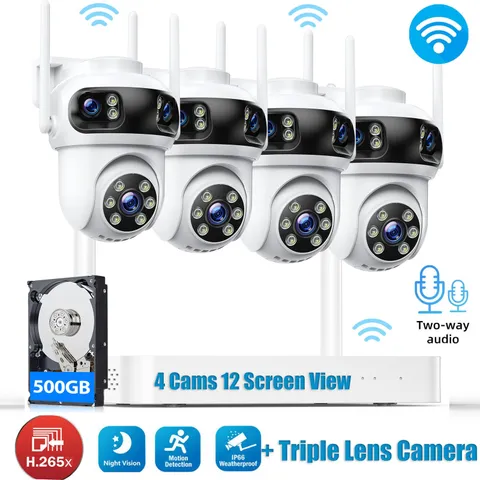 Wireless Security Camera System 3K 10CH NVR 2Way Audio Recording Triple Lens Cam