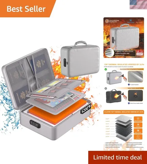 Portable 5200°F Fireproof Document Organizer with Lock & 36 Compartment Storage