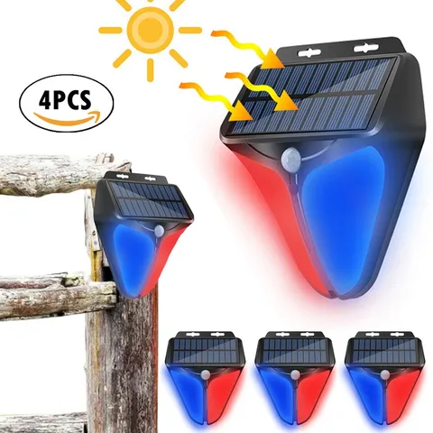 4x Solar Alarm Strobe Light Lamp Motion Sensor Waterproof Sound Security Outdoor
