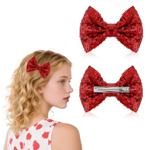 2 PCS Red Glitter Bows, 4.33 in Embroidered Sequin Hair Bow Bling Hair Access...