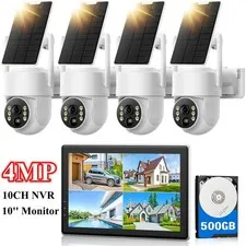 4MP PTZ Wireless Solar Security Camera System Home Outdoor CCTV 10'' Monitor NVR
