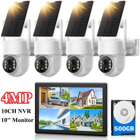 4MP PTZ Wireless Solar Security Camera System Home Outdoor CCTV 10'' Monitor NVR