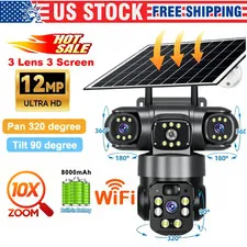 3 Lens 12MP Solar Battery Home Security Camera Outdoor Wifi Wireless PTZ CCTV US