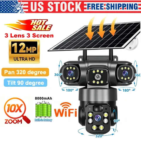 3 Lens 12MP Solar Battery Home Security Camera Outdoor Wifi Wireless PTZ CCTV US