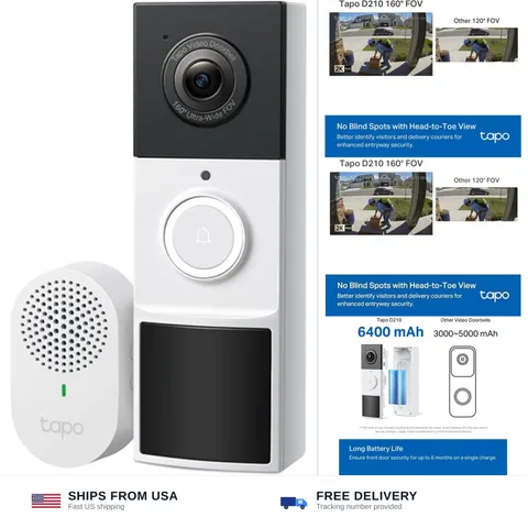 Tapo 2K Wireless Smart Video Doorbell with Chime - 160° Ultra-Wide View,Perso...