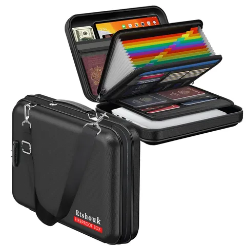 Fireproof Document Box with Lock & Shoulder Strap | Waterproof, Hard-Shell, P...