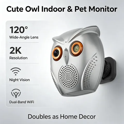 2K Owl-Shaped Pet Camera Indoor, Night Vision with 120° Wide Angle, Two-Way Audi