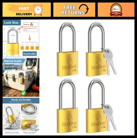 Heavy Duty Weatherproof Padlock with Key - Marine Grade Brass Lock, 4 Pack