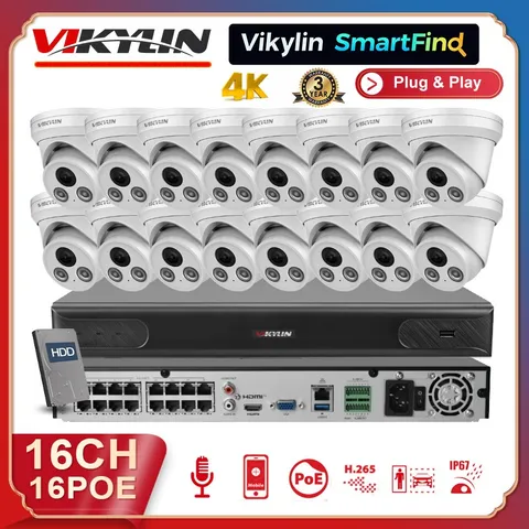 Vikylin SmartFind 4K 16ch 16POE CCTV System 8MP IP Camera Outdoor IR30 Audio Lot
