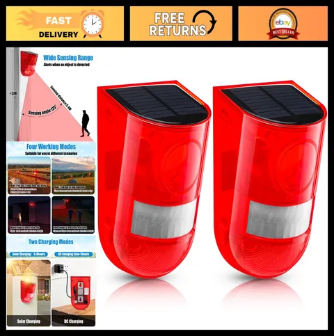 2 Pack Solar Motion Sensor Alarm 129dB Outdoor Strobe Light - Red Security Alert