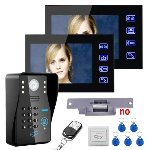 7" RFID Password Video Door Phone Intercom System+Electric Strike Lock 2 Monitor