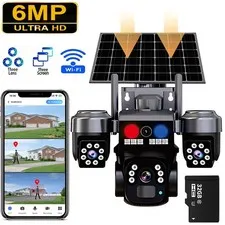 Three Lens 6MP Solar Camera Outdoor WiFi Auto Tracking Security PTZ Surveillance