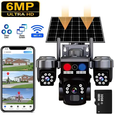 Three Lens 6MP Solar Camera Outdoor WiFi Auto Tracking Security PTZ Surveillance