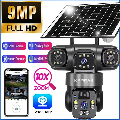 12MP Solar Camera Outdoor Three Lens PTZ Auto Tracking Security Surveillance