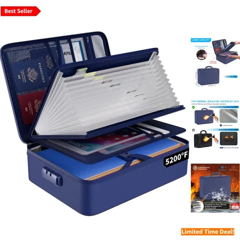 Portable Fireproof File Organizer Bag with Waterproof Design & 13 Pockets - Blue